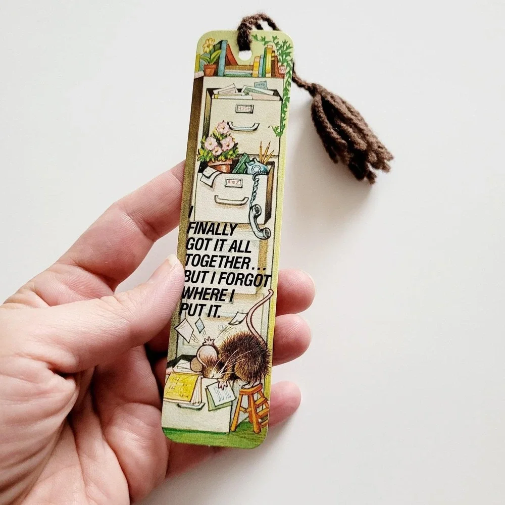 Vintage 70s Office Mouse Bookmark Brown Yarn Tassel 1978 Antioch Bookplate H-225